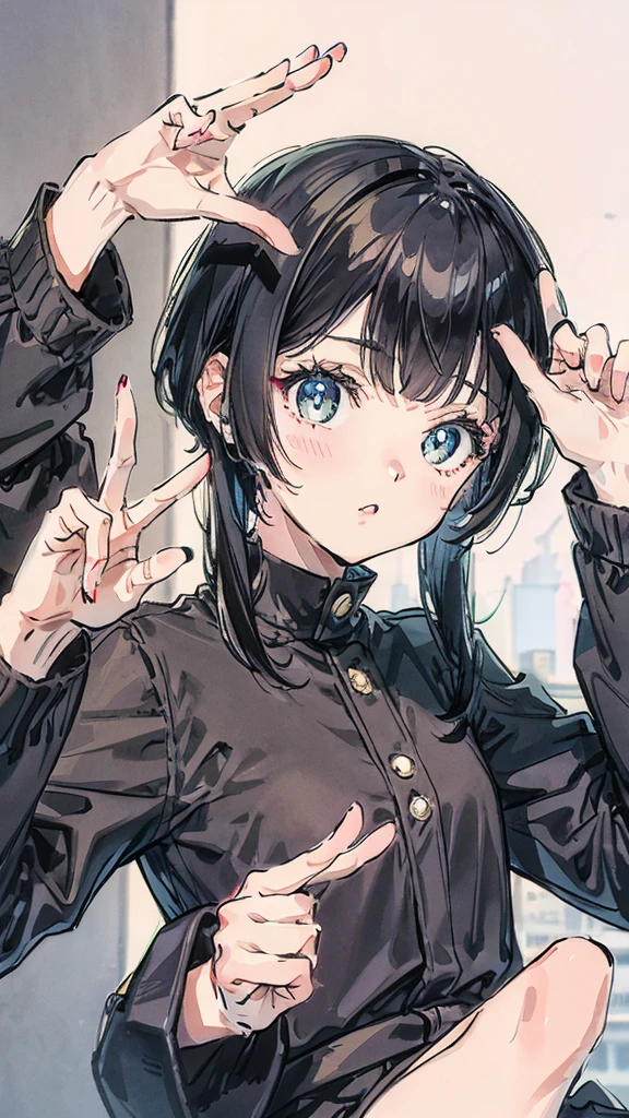Cute girl, black hair, peace sign, hush cut