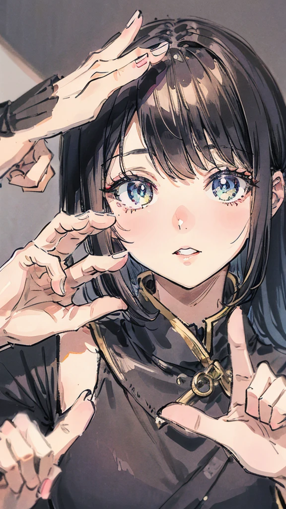 Cute girl, black hair, peace sign, hush cut