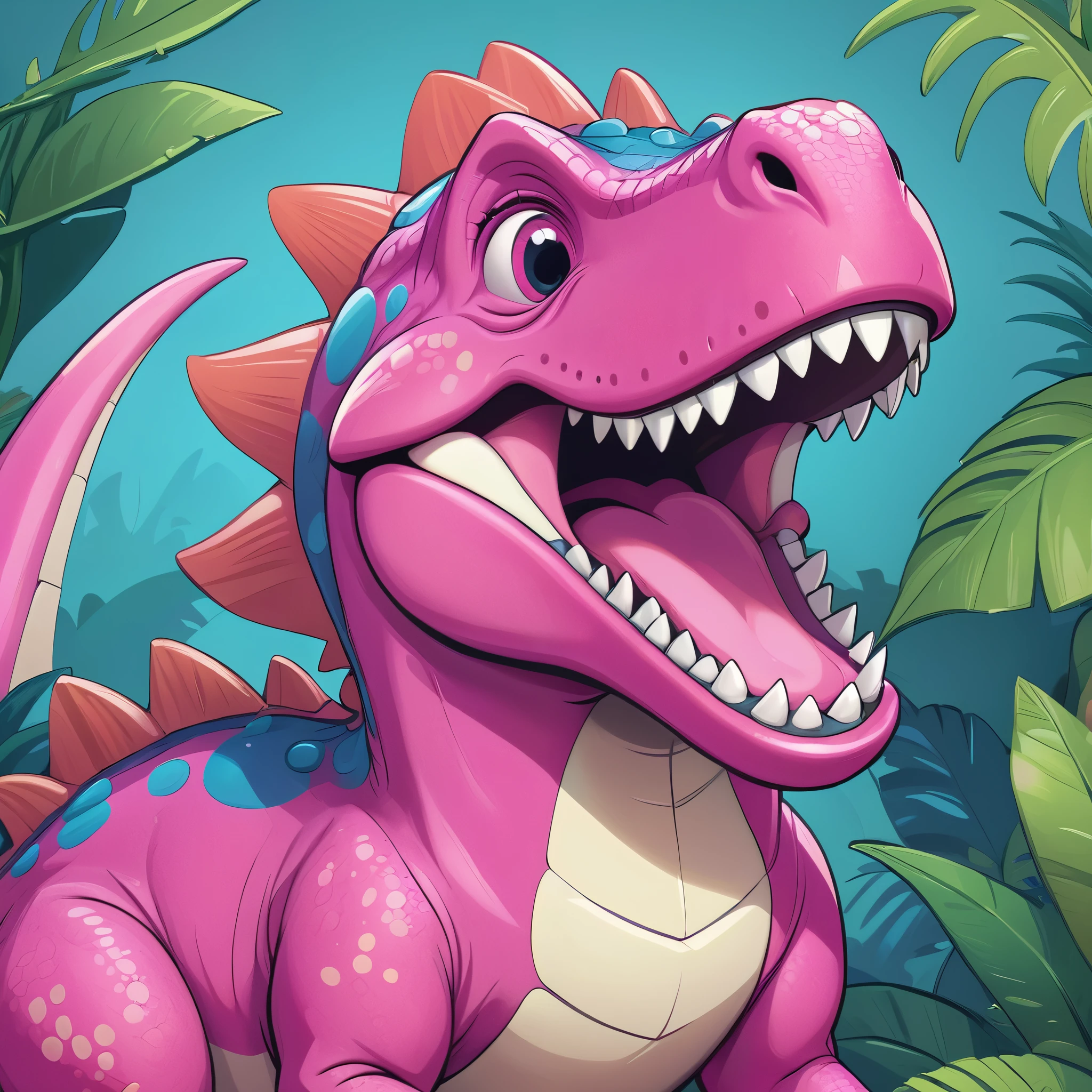 A laughing vibrant pink dinosaur, closeup, cartoon style, stylized, detailed textures, high quality, intricate features