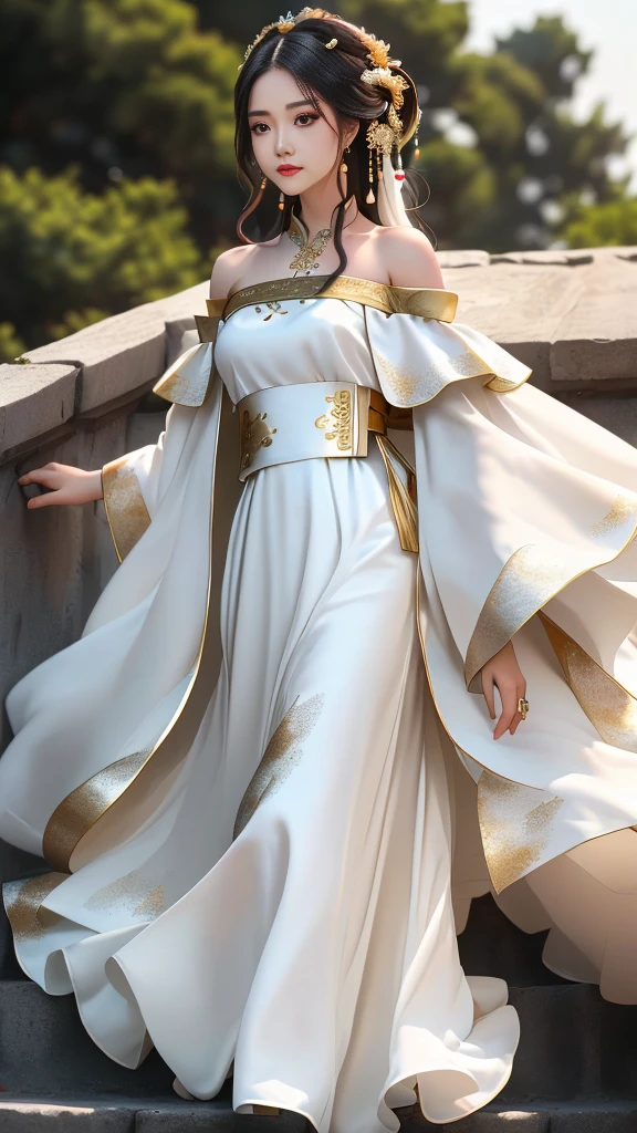 Girl in traditional Chinese clothing, Hanfu, Guzhen Hanfu women, White Hanfu,(long straight white hair:1.5), black eyes, black bun hairstyle, hair accessories ,white diamond earrings, Bangle Diameter, Dia Necklace, Clear eyes, Facing forward,put on makeup, Long eyelashes ,(gold long shoulder coat:1.5), (Very long skirt, white:1.5), ((Whole body)), ((from below)), Clear face, , (Very beautiful face, Beautiful mouth, beautiful eyes), detailed face, ((Ultra-fine skin)), In the dark, deep shadows, an ancient Chinese girl (Very slim figure 1.3) ,Plump breasts, elegant posture ,(palace in the sky:1.5),