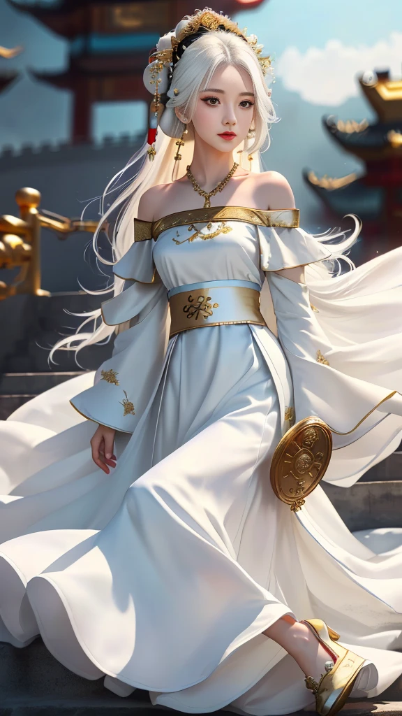 Girl in traditional Chinese clothing, Hanfu, Guzhen Hanfu women, White Hanfu,(long straight white hair:1.5), black eyes, black bun hairstyle, hair accessories ,white diamond earrings, Bangle Diameter, Dia Necklace, Clear eyes, Facing forward,put on makeup, Long eyelashes ,(gold long shoulder coat:1.5), (Very long skirt, white:1.5), ((Whole body)), ((from below)), Clear face, , (Very beautiful face, Beautiful mouth, beautiful eyes), detailed face, ((Ultra-fine skin)), In the dark, deep shadows, an ancient Chinese girl (Very slim figure 1.3) ,Plump breasts, elegant posture ,(palace in the sky:1.5),