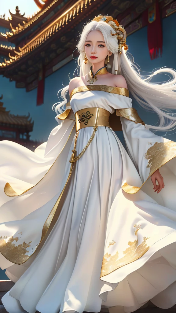 Girl in traditional Chinese clothing, Hanfu, Guzhen Hanfu women, White Hanfu,(long straight white hair:1.5), black eyes, black bun hairstyle, hair accessories ,white diamond earrings, Bangle Diameter, Dia Necklace, Clear eyes, Facing forward,put on makeup, Long eyelashes ,(gold long shoulder coat:1.5), (Very long skirt, white:1.5), ((Whole body)), ((from below)), Clear face, , (Very beautiful face, Beautiful mouth, beautiful eyes), detailed face, ((Ultra-fine skin)), In the dark, deep shadows, an ancient Chinese girl (Very slim figure 1.3) ,Plump breasts, elegant posture ,(palace in the sky:1.5),
