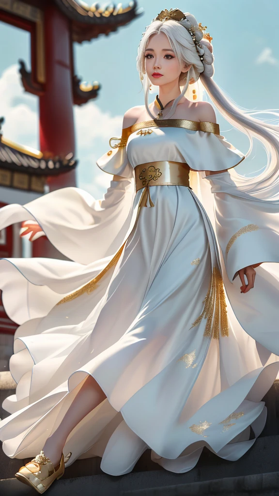 Girl in traditional Chinese clothing, Hanfu, Guzhen Hanfu women, White Hanfu,(long straight white hair:1.5), black eyes, black bun hairstyle, hair accessories ,white diamond earrings, Bangle Diameter, Dia Necklace, Clear eyes, Facing forward,put on makeup, Long eyelashes ,(gold long shoulder coat:1.5), (Very long skirt, white:1.5), ((Whole body)), ((from below)), Clear face, , (Very beautiful face, Beautiful mouth, beautiful eyes), detailed face, ((Ultra-fine skin)), In the dark, deep shadows, an ancient Chinese girl (Very slim figure 1.3) ,Plump breasts, elegant posture ,(palace in the sky:1.5),