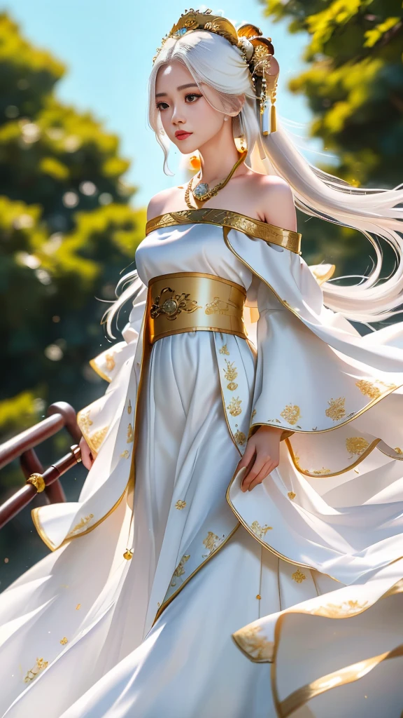Girl in traditional Chinese clothing, Hanfu, Guzhen Hanfu women, White Hanfu,(long straight white hair:1.5), black eyes, black bun hairstyle, hair accessories ,white diamond earrings, Bangle Diameter, Dia Necklace, Clear eyes, Facing forward,put on makeup, Long eyelashes ,(gold long shoulder coat:1.5), (Very long skirt, white:1.5), ((Whole body)), ((from below)), Clear face, , (Very beautiful face, Beautiful mouth, beautiful eyes), detailed face, ((Ultra-fine skin)), In the dark, deep shadows, an ancient Chinese girl (Very slim figure 1.3) ,Plump breasts, elegant posture ,(palace in the sky:1.5),