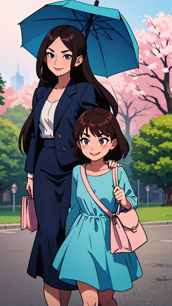 Woman. dark hair. long hair, eyes browns, wearing a blue formal dress, walking in a park. smirk on face, carrying a medium-sized bag with magazines, libero, light pink lipstick, happy looking, carrying an umbrella in hand.