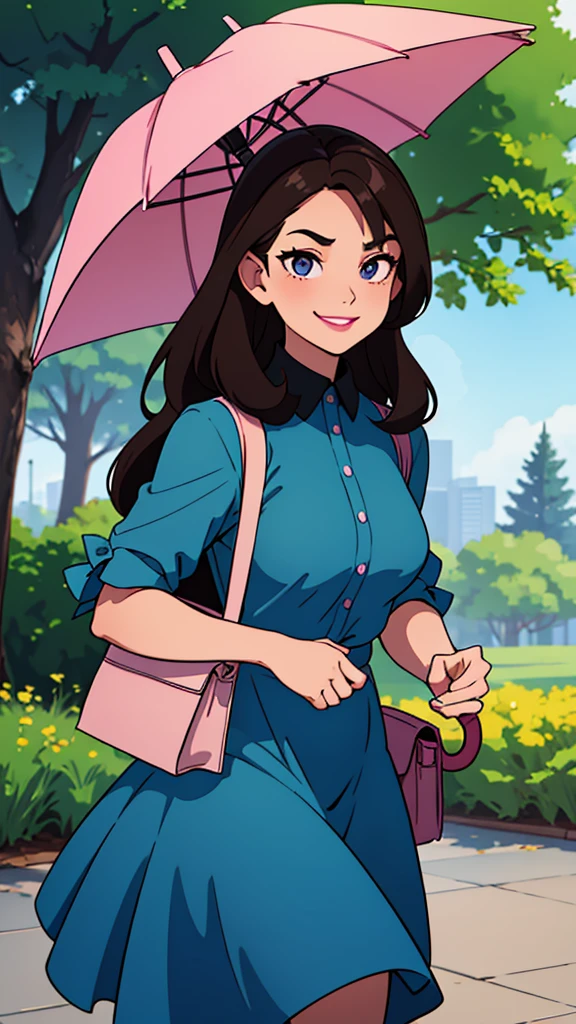 Woman. dark hair. long hair, eyes browns, wearing a blue formal dress, walking in a park. smirk on face, carrying a medium-sized bag with magazines, libero, light pink lipstick, happy looking, carrying an umbrella in hand.
