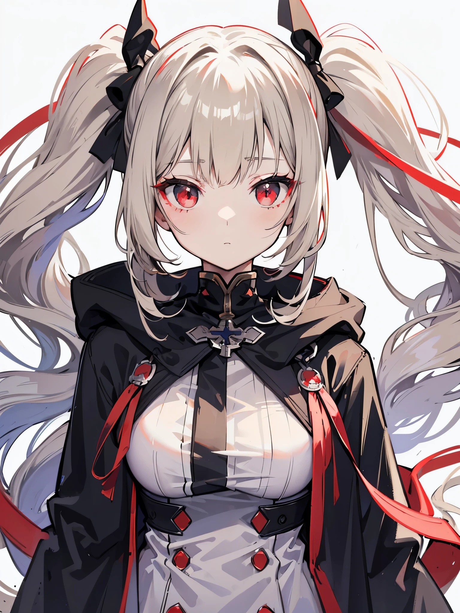 One woman、Hair colorbeige、Red eyes、Twin tails、Long Hair、Simple hair ribbon、Monochrome clothes、Large coat、Black gloves、Simple background、Azur Lane