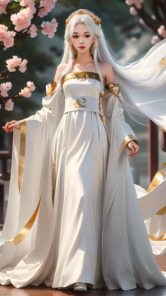 Girl in traditional Chinese clothing, Hanfu, Guzhen Hanfu women, White Hanfu,(long straight white hair:1.5), black eyes, black bun hairstyle, hair accessories ,white diamond earrings, Bangle Diameter, Dia Necklace, Clear eyes, Facing forward,put on makeup, Long eyelashes ,(gold long shoulder coat:1.5), (Very long skirt, white:1.5), ((Whole body)), ((from below)), Clear face, , (Very beautiful face, Beautiful mouth, beautiful eyes), detailed face, ((Ultra-fine skin)), In the dark, deep shadows, an ancient Chinese girl (Very slim figure 1.3) ,Plump breasts, elegant posture ,(palace in the sky:1.5),