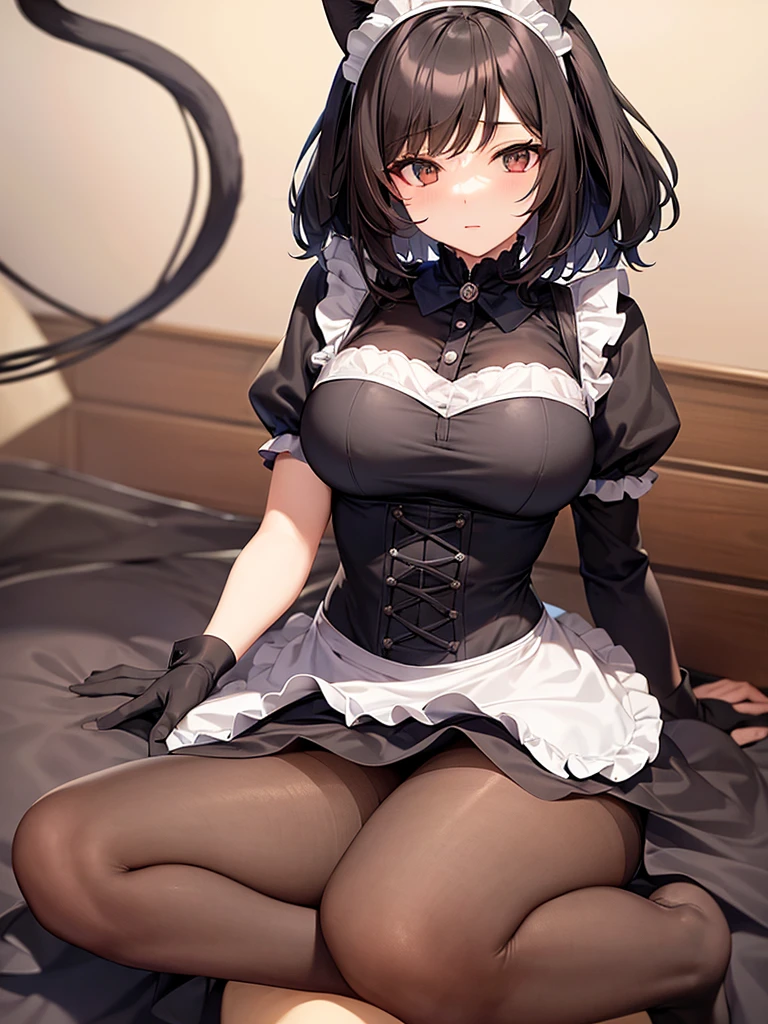 woman,Bob Hair, Dark brown hair,Large Breasts,Maid clothes,Short sleeve,I can see the valley.Cute black gloves,Cat ears headband,Wear tights,Dark brown hair,Large Breasts,maid Cafe