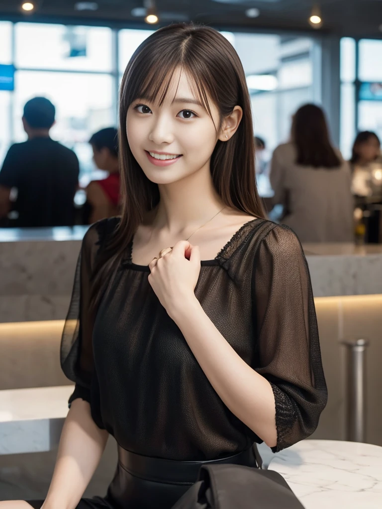 1 Girl, (Wearing a black blouse:1.2), Beautiful Japanese actresses,
(RAW Photos, Highest quality), (Realistic, Photorealistic:1.4), masterpiece,
Very delicate and beautiful, Very detailed, 2k wallpaper, wonderful,
finely, Very detailed CG Unity 8K 壁紙, Very detailedな, High resolution,
Soft Light, Beautiful detailed girl, Very detailed目と顔, Beautiful and detailed nose, Beautiful and detailed, Cinema Lighting,
break
(1. The interior of a stylish cafe in the airport is in the background..3), Waiting for a flight on the airport cafe terrace,
Perfect Anatomy, Slender body, smile, Face the front completely, Looking at the camera,Before you leave for your trip abroad