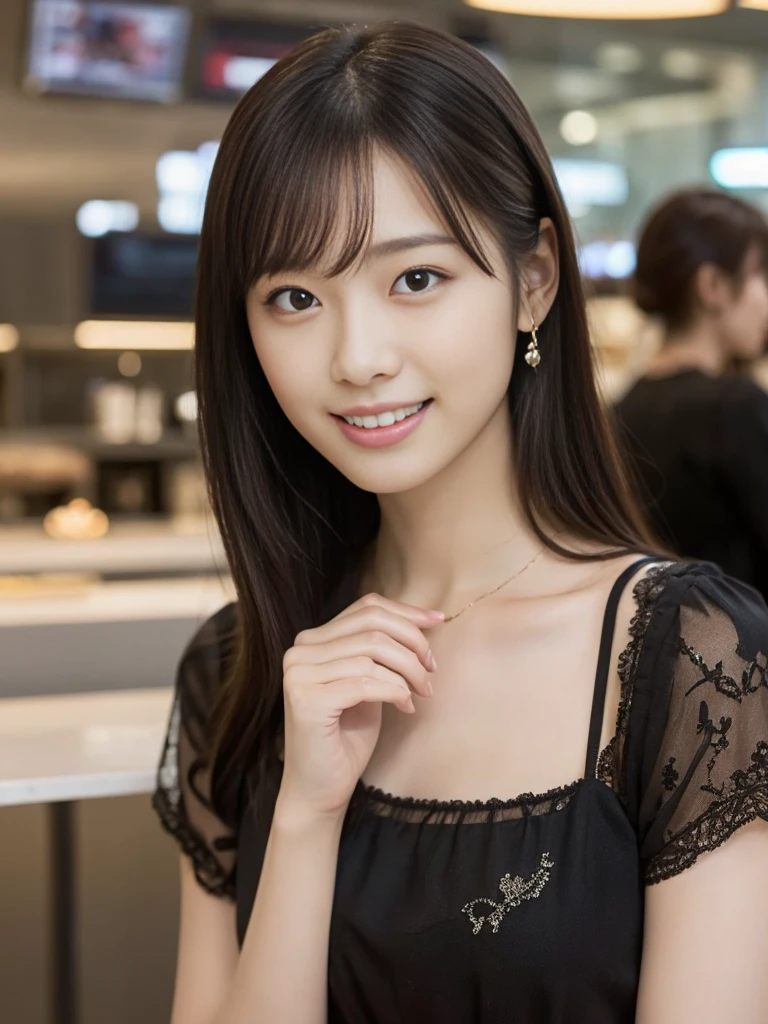 1 Girl, (Wearing a black blouse:1.2), Beautiful Japanese actresses,
(RAW Photos, Highest quality), (Realistic, Photorealistic:1.4), masterpiece, 
Very delicate and beautiful, Very detailed, 2k wallpaper, wonderful, 
finely, Very detailed CG Unity 8K 壁紙, Very detailedな, High resolution, 
Soft Light, Beautiful detailed girl, Very detailed目と顔, Beautiful and detailed nose, Beautiful and detailed, Cinema Lighting, 
break
(1. The interior of a stylish cafe in the airport is in the background..3), Waiting for a flight on the airport cafe terrace, 
Perfect Anatomy, Slender body, smile, Face the front completely, Looking at the camera,Before you leave for your trip abroad