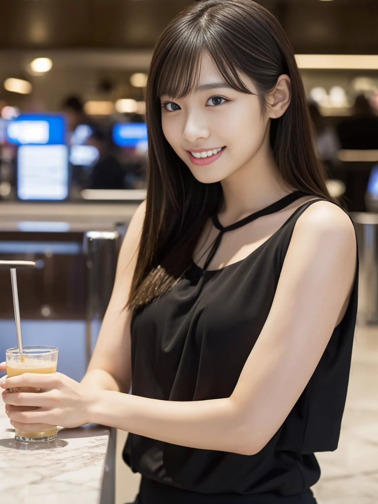 1 Girl, (Wearing a black blouse:1.2), Beautiful Japanese actresses,
(RAW Photos, Highest quality), (Realistic, Photorealistic:1.4), masterpiece,
Very delicate and beautiful, Very detailed, 2k wallpaper, wonderful,
finely, Very detailed CG Unity 8K 壁紙, Very detailedな, High resolution,
Soft Light, Beautiful detailed girl, Very detailed目と顔, Beautiful and detailed nose, Beautiful and detailed, Cinema Lighting,
break
(1. The interior of a stylish cafe in the airport is in the background..3), Waiting for a flight on the airport cafe terrace,
Perfect Anatomy, Slender body, smile, Face the front completely, Looking at the camera,Before you leave for your trip abroad