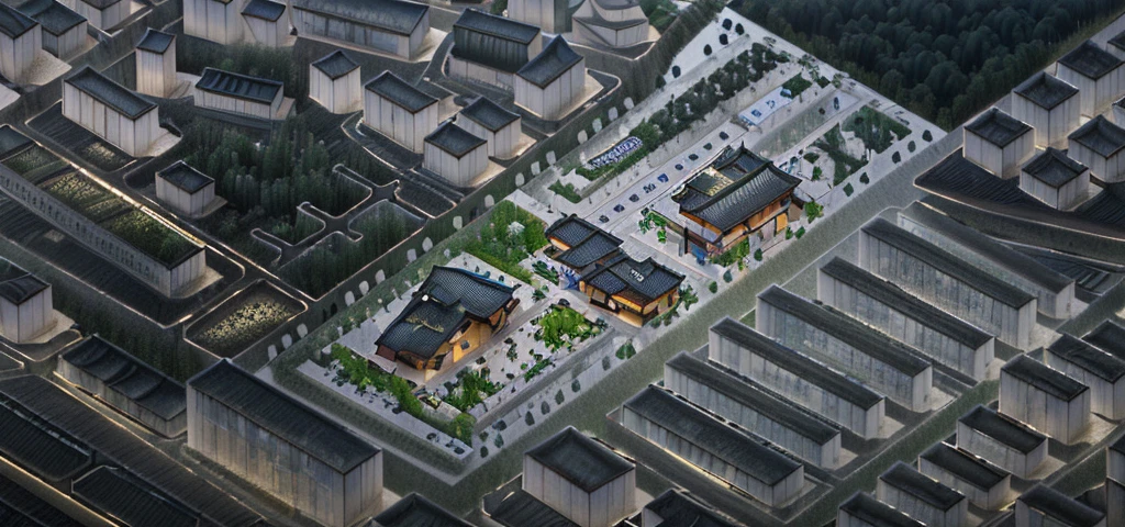 City aerial view,Highest quality,Chinese Ink Painting,antiquity,Rural buildings between mountains and rivers,Glass facades,Clean glass,Trees,Decorative Arts,Sloped roof,Best quality,Architectural Photography,Photorealism,Hyperrealism,Ultra Detailed,V-ray,(architectural design)