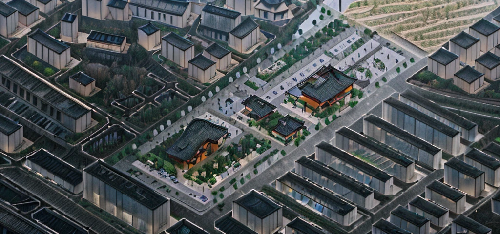 City aerial view，Highest quality，Chinese Ink Painting，antiquity,Rural buildings between mountains and rivers，Glass facades，Clean glass，Trees，Decorative Arts，Sloped roof，Best quality,Architectural Photography,Photorealism,Hyperrealism,Ultra Detailed，V-ray，（architectural design）