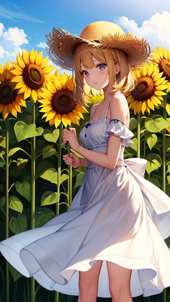 sunflower sunflower畑 White dress Straw hat youth summer Emotional