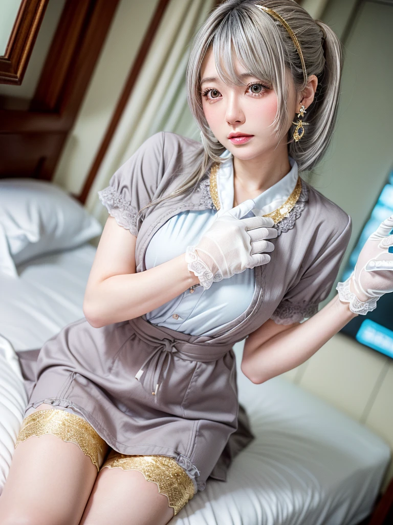 8K, RAW Photos, Fujifilm, Beautiful 20 year old woman style photo, (((Gray Hair:1.3,美しいGray Hairのストレートヘアー、シルキーなGray Hair)))、nurse, nurseの服装、pink, ((White legwear, zettai ryouiki)), White gloves,Gold earrings, (Highly detailed skin: 1.2), Light medium brown hair, Film Grain, 35mm, Cute Style、On the bed、Hospital room、Erotic