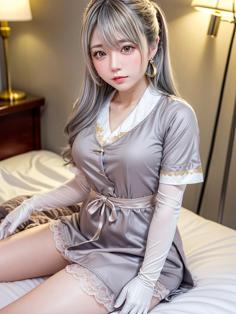 8K, RAW Photos, Fujifilm, Beautiful 20 year old woman style photo, (((Gray Hair:1.3,美しいGray Hairのストレートヘアー、シルキーなGray Hair)))、nurse, nurseの服装、pink, ((White legwear, zettai ryouiki)), White gloves,Gold earrings, (Highly detailed skin: 1.2), Light medium brown hair, Film Grain, 35mm, Cute Style、On the bed、Hospital room、erotic