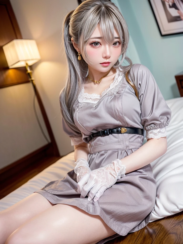 8K, RAW Photos, Fujifilm, Beautiful 20 year old woman style photo, (((Gray Hair:1.3,美しいGray Hairのストレートヘアー、シルキーなGray Hair)))、nurse, nurseの服装、pink, ((White legwear, zettai ryouiki)), White gloves,Gold earrings, (Highly detailed skin: 1.2), Light medium brown hair, Film Grain, 35mm, Cute Style、On the bed、Hospital room、erotic