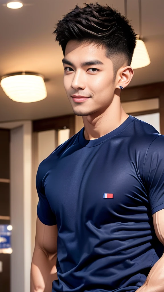 A handsome, muscular young Asian man looks at the camera. In a simple t-shirt black and yellow , Fieldside, grass, beach, sunlight,