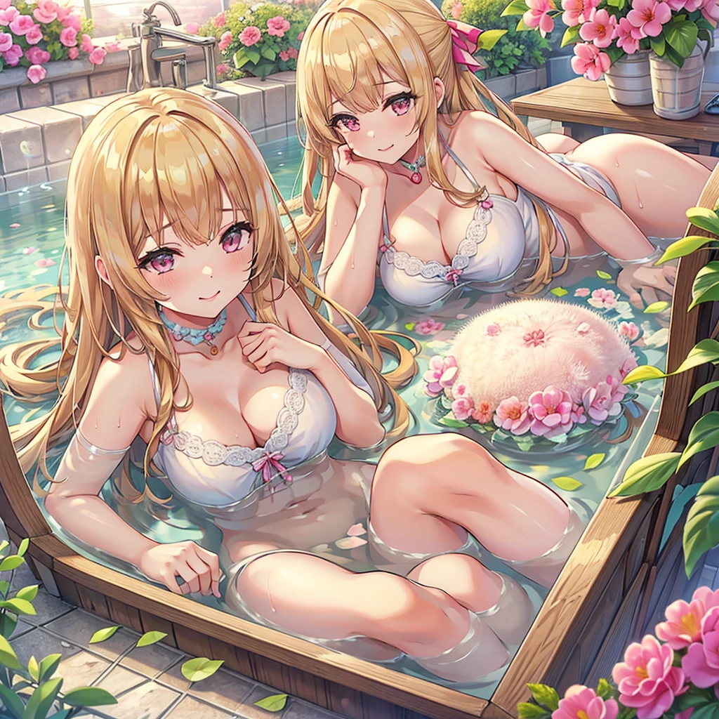 Masterpiece、Highest quality、Super detailed、(1 girl)、Big Tits、Cleavage、Blonde、Fluffy and soft long hair、Pink bristles、Light of the sun、smile、choker、Pink Lipstick、Lying down、Embarrassed face、bath、Bubble、Peeing