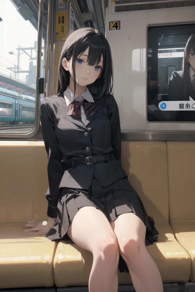 "(masterpiece, High resolution, Ultra High resolution, 4K) Black Hair,  Japanese girl, Uniform skirt, Accentuate your thighs, White thighs, Soft thighs, Glossy thighs, Sitting on a train, Facing angle, (Angle from below),sitting in a train seat,Sit in front,Zoom camera on crotch,Put your feet on the train floor,whole body,Looking down and sleepy,Watch only viewers", Highest quality, 超High resolution, (Realistic:1.4),, High resolution, detailed, RAW Photos, sharp, Nikon D850 film stock photo by Lee Jefferies 4 Kodak Portra 400 camera F1.6 Lenses、Rich colors、Ultra-realistic and lifelike textures、Dramatic lighting、Unreal Engine、Art Station Trends、Cinestar 800,