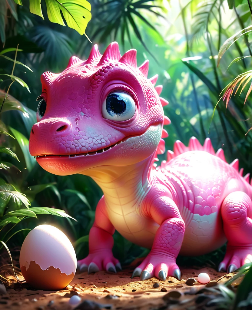 A cute pink Tyrannosaurus Rex hatches from its egg, Beautiful and delicate eyes, Long eyelashes,Beautiful and delicate face, Extremely detailed eyes and face, Cute expression, Dense jungle background, Dreamy, Fantastic, watercolor, number, (best quality,4K,8K,high resolution,masterpiece:1.2),Extremely detailed,(Practical,photoPractical,photo-Practical:1.37),Vibrant colors,Soft lighting