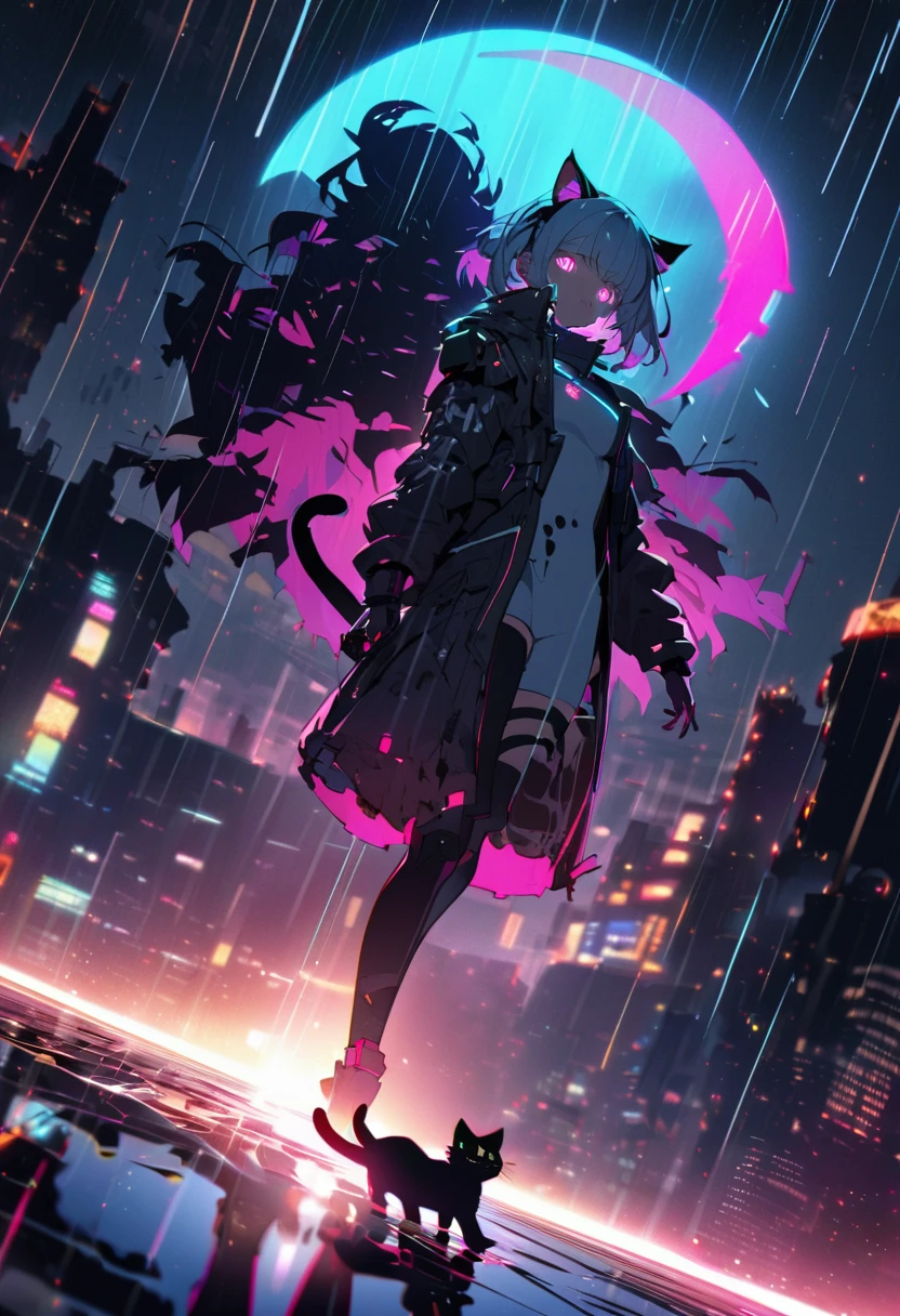 Detailed silhouette of a cyberpunk girl with cat ears and a tail, Flowing, Tattered coat, He carries a giant scythe with a mechanical cat design on it.., Stand on the glossy, Minimalist Reflective Surface, Depth, Dynamic Angle、Particles that glow throughout、Dimly、rain、Fisheye Lens:1.2、far and near method