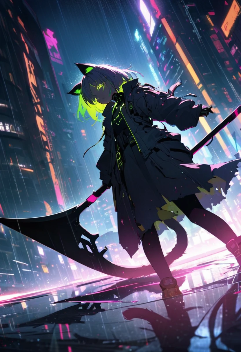 Detailed silhouette of a cyberpunk girl with cat ears and a tail, Flowing, Tattered coat, He carries a giant scythe with a mechanical cat design on it.., Stand on the glossy, Minimalist Reflective Surface, Depth, Dynamic Angle、Particles that glow throughout、Dimly、rain、Fisheye Lens:1.2、far and near method