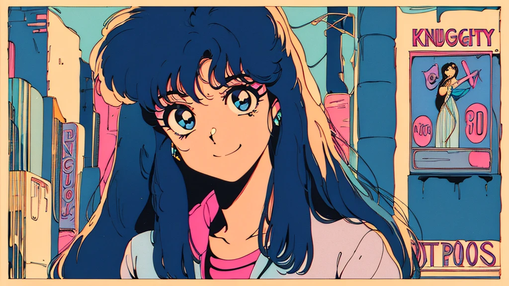 (80's, Retro, City Pop Poster:1.5), (Album cover), (masterpiece, Highest quality), (anime, figure), Best Photo Poses, Dynamic Angle, Cowboy Shot, alone, smile, A perfect eye for detail, Delicate face, High Fashion, Retroなゲームセンター、American casual、jazz、the 90s、Vintage、tobacco、speaker、Saxophone、rain、Knight、City Boy、