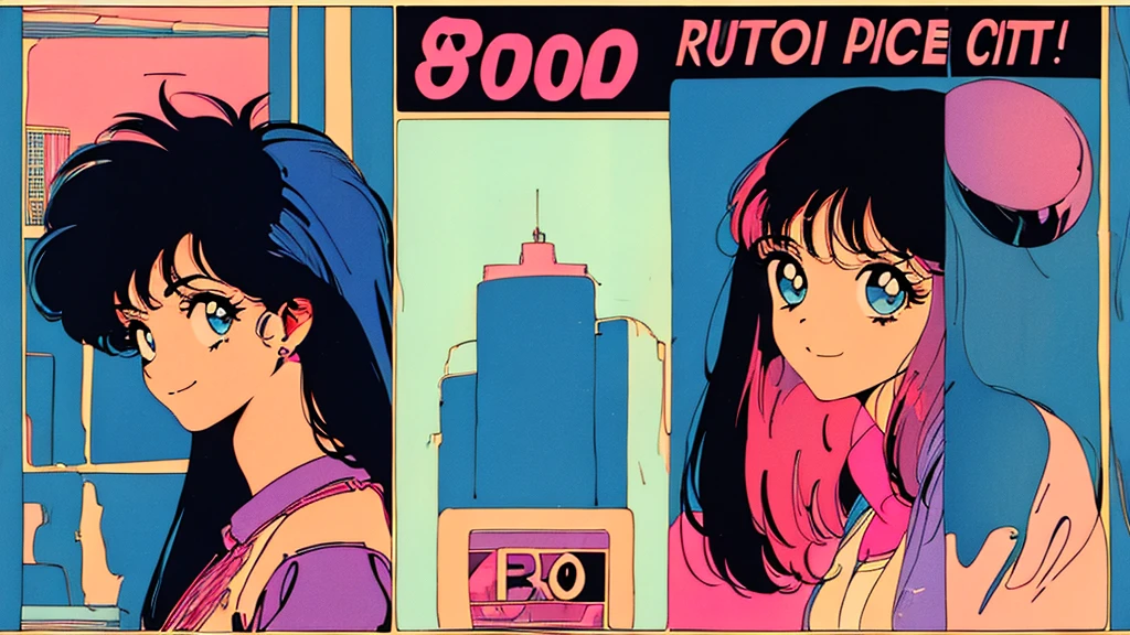 (80's, Retro, City Pop Poster:1.5), (Album cover), (masterpiece, Highest quality), (anime, figure), Best Photo Poses, Dynamic Angle, Cowboy Shot, alone, smile, A perfect eye for detail, Delicate face, High Fashion, Retroなゲームセンター、American casual、jazz、the 90s、Vintage、tobacco、speaker、Saxophone、rain、Knight、City Boy、
