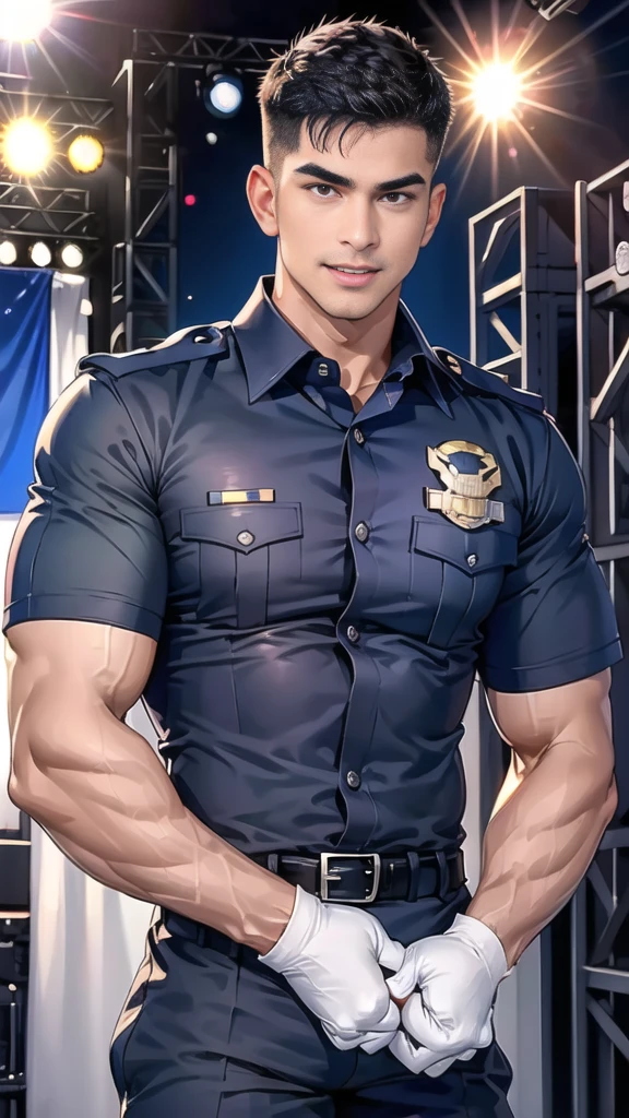 handsome man sit on the table ,(crew cut short hair:1.2),black eye,smile,open mouth
(navy police uniform:1.2),(shirt short sleeves:1.2),collar,(shirt covered over:1.2),(name tag and Police badge:1.2),(shirt no buttons:1.1),(black_gloves:1.3),
(Navy blue cargo:1.2),Korean guy,korean men,(High gloss details),(chest muscles:1.2),(large arm muscles:1.2),blood vessel,Big muscles,Broad shoulders,looking at the audience,Balancing the eyes,middle of the road,(stage:1.4),