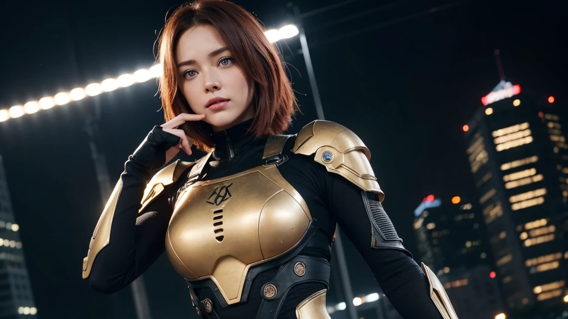 Masterpiece, of the highest quality, 8k, super detailed, cipher, A girl, Caucasian, 25 year old woman,lovely, goddess of beauty, mix between christina hendrix and bryce dallas howard, redhead, short detailed hair, full and pink lips, smile delicately, combat suit mix of Alita Battle Angel and Evangelion very detailed in black and yellow, dark lighting, at night,background of a city of large demolished buildings, dark sky,detailed skin texture, Beautifully detailed face, intricate details, super detailed, Various poses, pointing at the viewer with his index finger