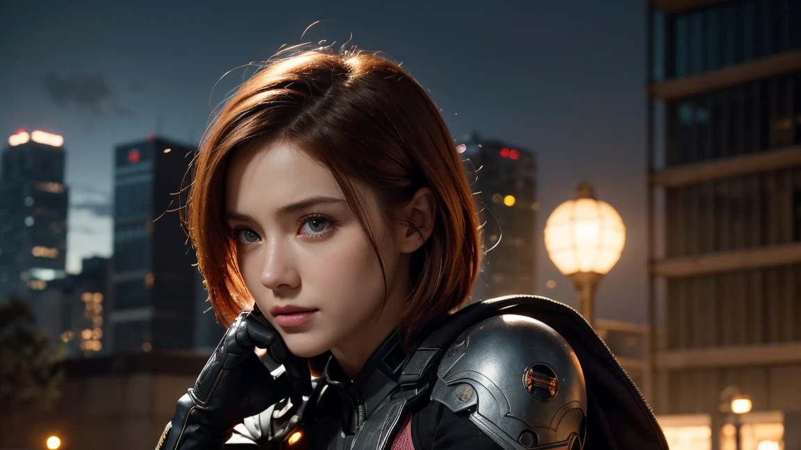 Masterpiece, of the highest quality, 8k, super detailed, cipher, A girl, Caucasian, 25 year old woman,lovely, goddess of beauty, mix between christina hendrix and bryce dallas howard, redhead, short detailed hair, full and pink lips, smile delicately, combat suit mix of Alita Battle Angel and Evangelion very detailed in black and yellow, dark lighting, at night,background of a city of large demolished buildings, dark sky,detailed skin texture, Beautifully detailed face, intricate details, super detailed, Various poses, pointing at the viewer with his index finger