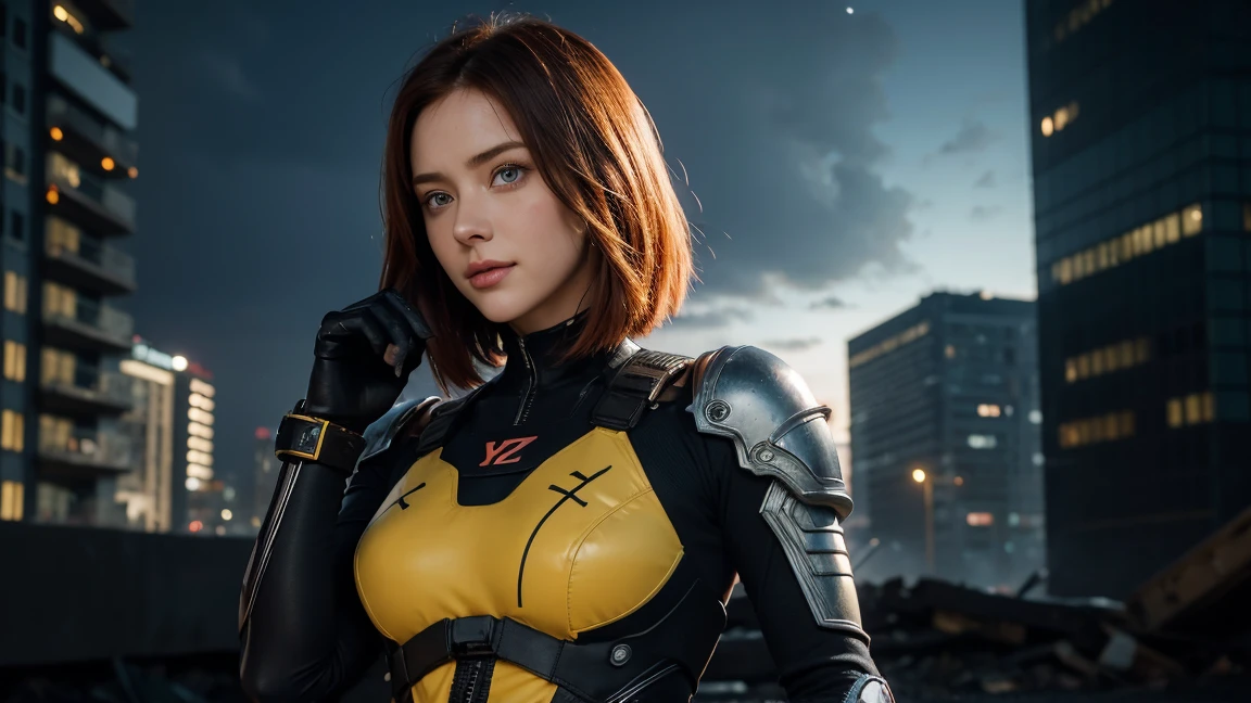 Masterpiece, of the highest quality, 8k, super detailed, cipher, A girl, Caucasian, 25 year old woman,lovely, goddess of beauty, mix between christina hendrix and bryce dallas howard, redhead, short detailed hair, full and pink lips, smile delicately, combat suit mix of Alita Battle Angel and Evangelion very detailed in black and yellow, dark lighting, at night,background of a city of large demolished buildings, dark sky,detailed skin texture, Beautifully detailed face, intricate details, super detailed, Various poses, pointing at the viewer with his index finger