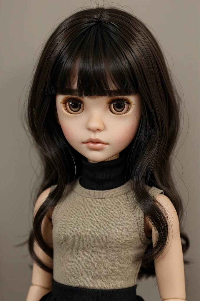 Blythe doll,  messy black shirt hair with bangs, brown eyes, full brown lip, 
 light brown complexion, wearing sleeveless turtle neck 