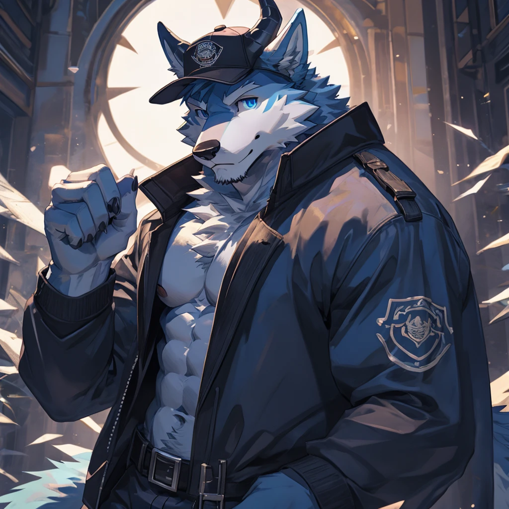 Masterpiece, Solo, Furry Light Blue Wolf, Light Blue Fur,Dark Blue Eyes, Horns, huge body, Muscular Body, Cool Pose, Charming, Handsome, Good Looking, big dick , cap
