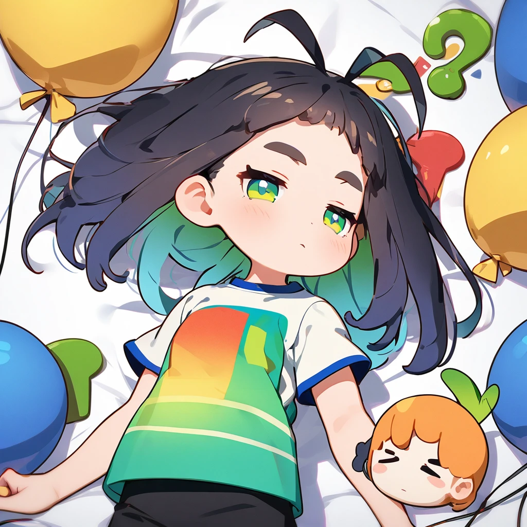 hand drawing cartoon style, 3d Electric_elements_circuit_girl, lie on bed, (detailed emerald eyes, jet-black hair,colored inner green ombre hair multicolored hair,antenna hair):1.21, cowboy_shot, side_view, slightly looking at viewer, elegant pose, (in night_wear, using Electric elements blue_Horizontal_striped and lines to sleeping girl design drawings), grumpy, balloon cheeks, a style should be flat, two-dimensional, and evoke old-school t-shirt graphics, simple background,