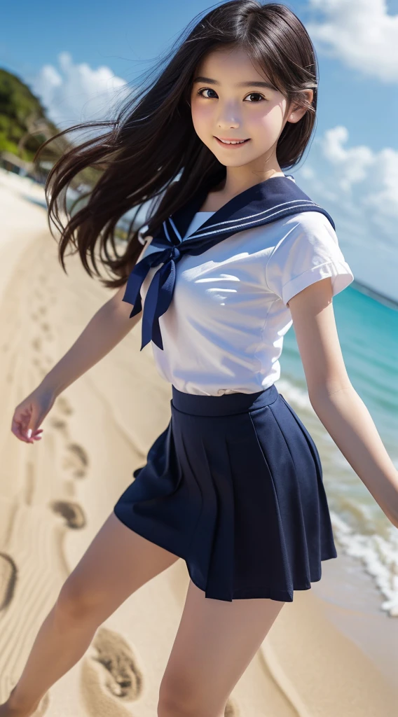 1girl,(((Frontal bust shot angle))),Wide open chest、(((Okinawa ocean)))、(((White sand beaches in Okinawa)))、8k UHD、Digital single-lens reflex camera、High resolution、Shallow depth of field、Natural light、(((Sailor suit)))、(((navy blue super mini skirt)))、(((Full body photography)) )、Small person、(((Young face)))、1 Japanese female、;beautiful girl、(Black Hair)、A strong wind blows up my skirt、(((Brown eyes)))、Glowing Skin、Smooth Thinning Hair、Long Hair、Detailed background、Detailed eyes and face、Clear Eyes、Cute smile、Calm atmosphere、(((stage)))、(((Small breasts)))、(((Beautiful Eyes)))、Flat chest、Children、(((Toned thighs))) 、(((Angle from below) ))、(((Fine lips)))、(((Skirt fluttering)))、Shining beautiful legs、( Skirt fluttering violently in the strong wind :1.4),   (hair blowing in the strong wind:1.4), (leaning forward)、(((barefoot、barefoot)))