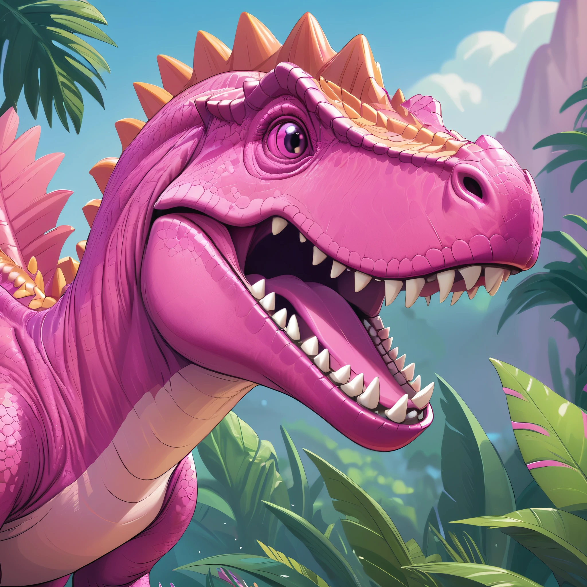 A laughing vibrant pink dinosaur, closeup, cartoon style, stylized, detailed textures, high quality, intricate features