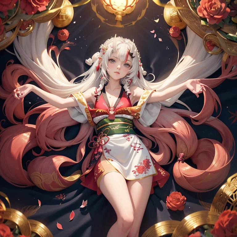 Best quality: 1.4, SLR camera lens, close-up lens, (((show every detail))), perfect, perfect lighting, dynamic light, dynamic angle, realistic, solo, a fiery red shirt tightly tied to the body, the graceful body outlined delicately, beautiful appearance, graceful posture, two jade lotus-like arms exposed, warm like mutton fat wrist with two silver bracelets, snow-white skin, slender legs, willow waist and buttocks, she wears a pair of jade shoes, ten delicate and small toes are mischievously exposed.
The moon-like phoenix eyebrows, a pair of bright eyes hook the soul, watery seems to contain ten thousand styles, a beautiful Qiong nose, exhaling cherry lips, white cheeks like coagulation are very beautiful.
The figure is delicate, like a willow, and the breeze blows, as if it can break her.
There is a tear mole the size of a grain of rice under the corner of the eye, which adds a bit of charm.
She was standing in mid-air, with a faint red halo on her cheeks, which aroused people's reverie. Masterpiece, perfect, 3D rendering --auto --s2