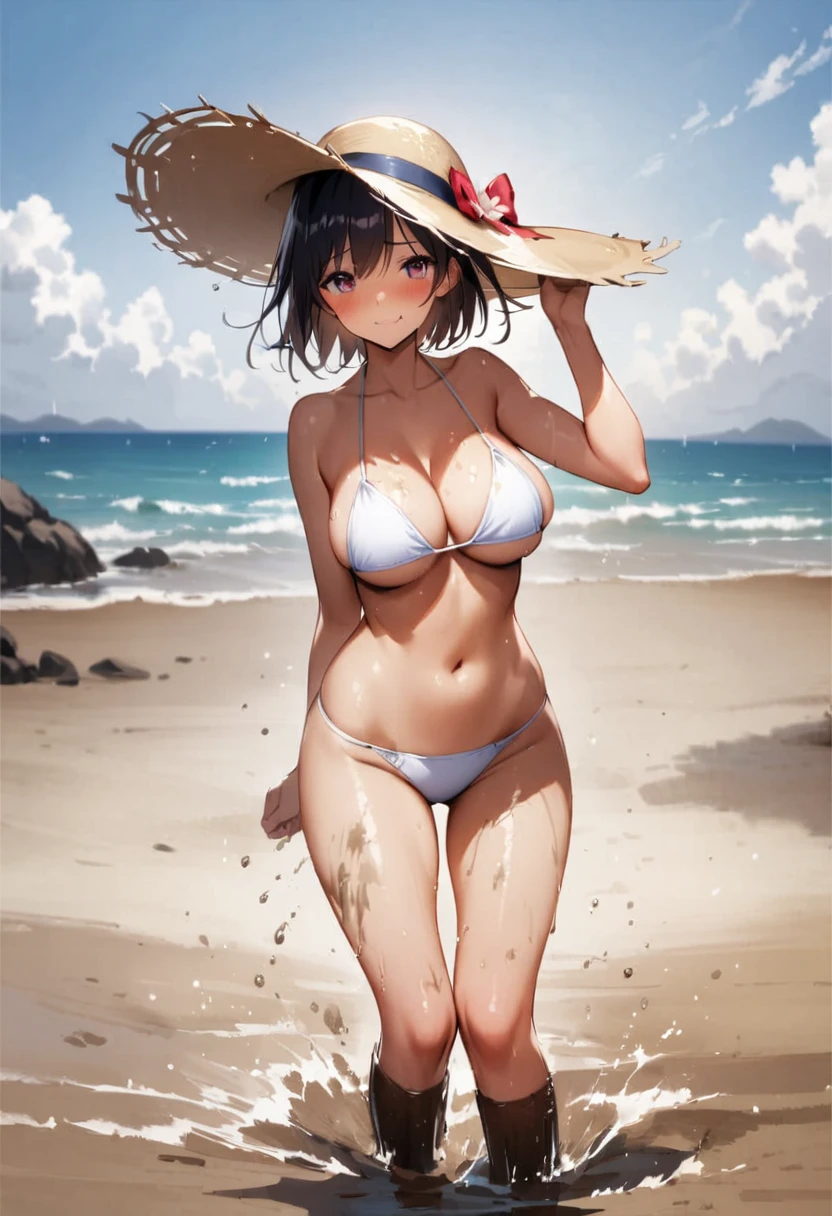 tideland、Covered in mud、Tiny white bikini、Big Breasts、Thighs、Butt、Dynamic Angle、Seaside、Sandy Beach、Baby Face、Embarrassed、Sun hat、sunlight、Both eyes open