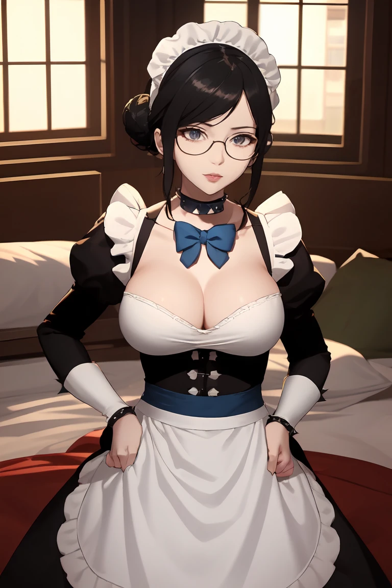 highres, sharp focus, pixiv masterpiece, ((intricate details)), highly detailed, upper body, , yuri alpha, 1girl, black hair, (blue bowtie:1.3), (green wristband, green gauntlets, spikes:1.1), glasses, maid, single hair bun, dress, choker, maid apron, indoors, grey eyes, big breasts, room, bed, cleavage, holding breasts, hands on own breasts, bouncing breasts, no lips,