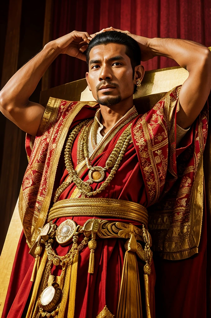 2024 Paris Collection, Japanese famous strong muscular handsome macho firefighter man with short hair, manly thai face, kind eyes, sunlight shining on his face, luxurious palace of Versailles in medieval Paris, France A handsome 29-year-old Japanese man who likes women, with a strong muscular body, is walking in a wild pose facing forward in a colorful loincloth with a beautiful and flashy pattern made of thai traditional made by fashion designer thai kingdom at a ballroom. A man with hair all over his body, well-developed buttocks muscles, and the front part of his loincloth swells and bulges out as a symbol of masculinity. A skinhead, standing in a thailand loincloth, facing forward. Hairy males, thick chest hair, thick shin hair, and many beautiful colorful flowers. A handsome shirtless thai man with a loincloth bulge in front of his crotch, a symbol of masculinity. Shirtless man 29 year old thai man, handsome man, muscular man, strong muscles, masculine expression, strong muscles, masculine expression, bright complexion, staring at the camera,