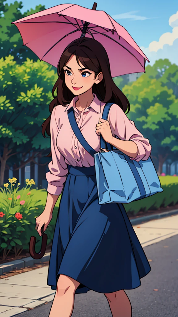 Woman. dark hair. long hair, eyes browns, wearing a blue formal dress, walking in a park. smirk on face, carrying a medium-sized bag with magazines, libero, light pink lipstick, happy looking, carrying an umbrella in hand.
