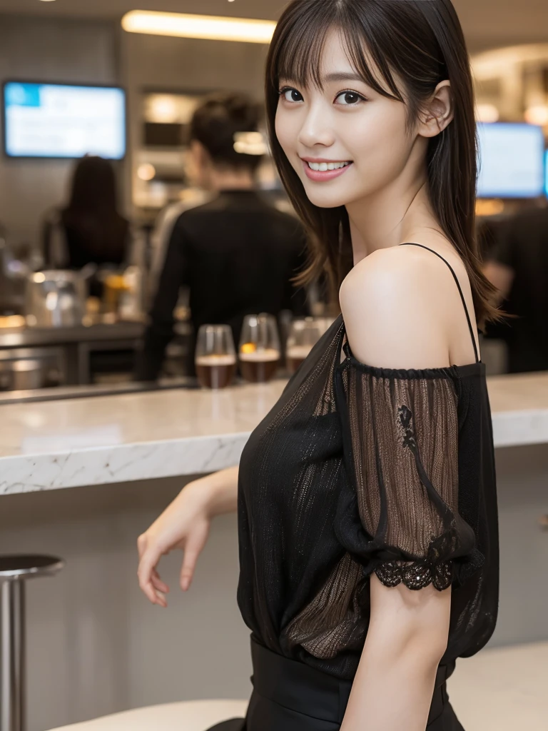 1 Girl, (Wearing a black blouse:1.2), Beautiful Japanese actresses,
(RAW Photos, Highest quality), (Realistic, Photorealistic:1.4), masterpiece, 
Very delicate and beautiful, Very detailed, 2k wallpaper, wonderful, 
finely, Very detailed CG Unity 8K 壁紙, Very detailedな, High resolution, 
Soft Light, Beautiful detailed girl, Very detailed目と顔, Beautiful and detailed nose, Beautiful and detailed, Cinema Lighting, 
break
(1. The interior of a stylish cafe in the airport is in the background..3), Waiting for a flight on the airport cafe terrace, 
Perfect Anatomy, Slender body, smile, Face the front completely, Looking at the camera,Before you leave for your trip abroad