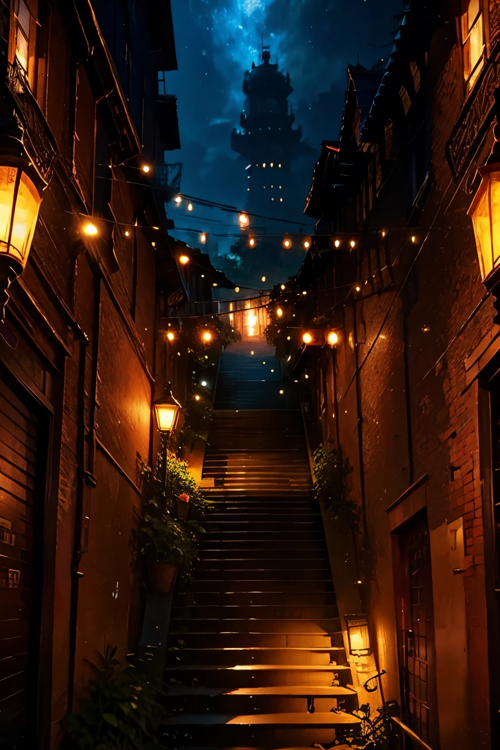 steampunkai。(Highest quality:1.2)。stage、Handrail、aisle、Corridor、螺旋stage。Lamp light and twilight sky。
