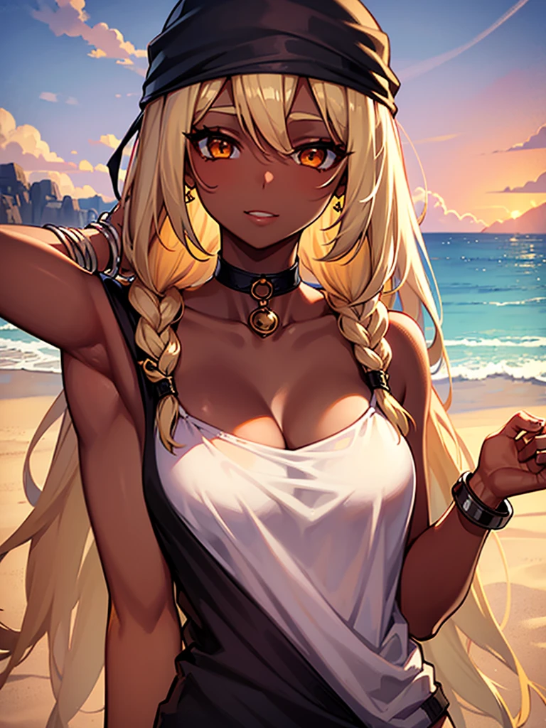1girl, bandages, bandana, bare_shoulders, beach, blonde_hair, bracelet, braid, breasts, choker, cleavage, cloud, collarbone, dark-skinned_female, dark_skin, doubt_(thedo_ubt), highres, jewelry, khanae_(tomarius), lips, long_hair, looking_at_another, ocean, orange_eyes, original, outdoors, sand, scar, sky, smile, solo, tree, best quality, masterpiece, nai3