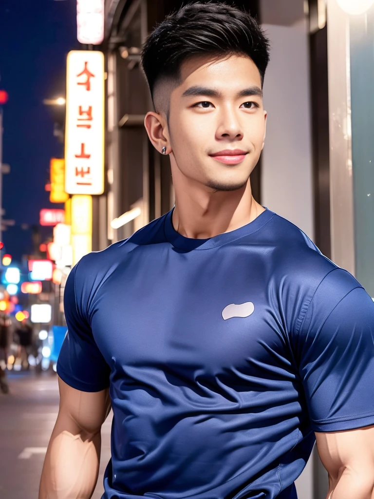 korea male male model, big muscles, handsome, cool, smoothly combed hair, pierced ears, wearing a t-shirt navy top, holding a lollipop, portraiture, modeling, dynamic pose, Japanese street, late at night, store lights trade, full half body shot, smile open mouth