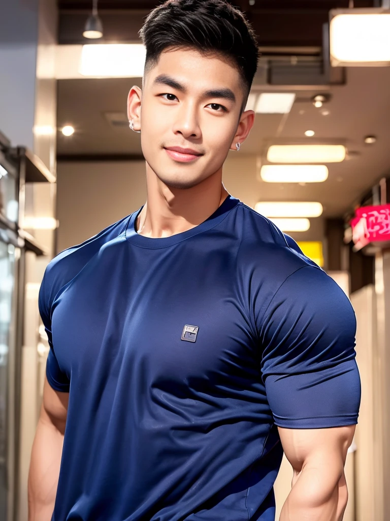 korea male male model, big muscles, handsome, cool, smoothly combed hair, pierced ears, wearing a t-shirt navy top, holding a lollipop, portraiture, modeling, dynamic pose, Japanese street, late at night, store lights trade, full half body shot, smile open mouth