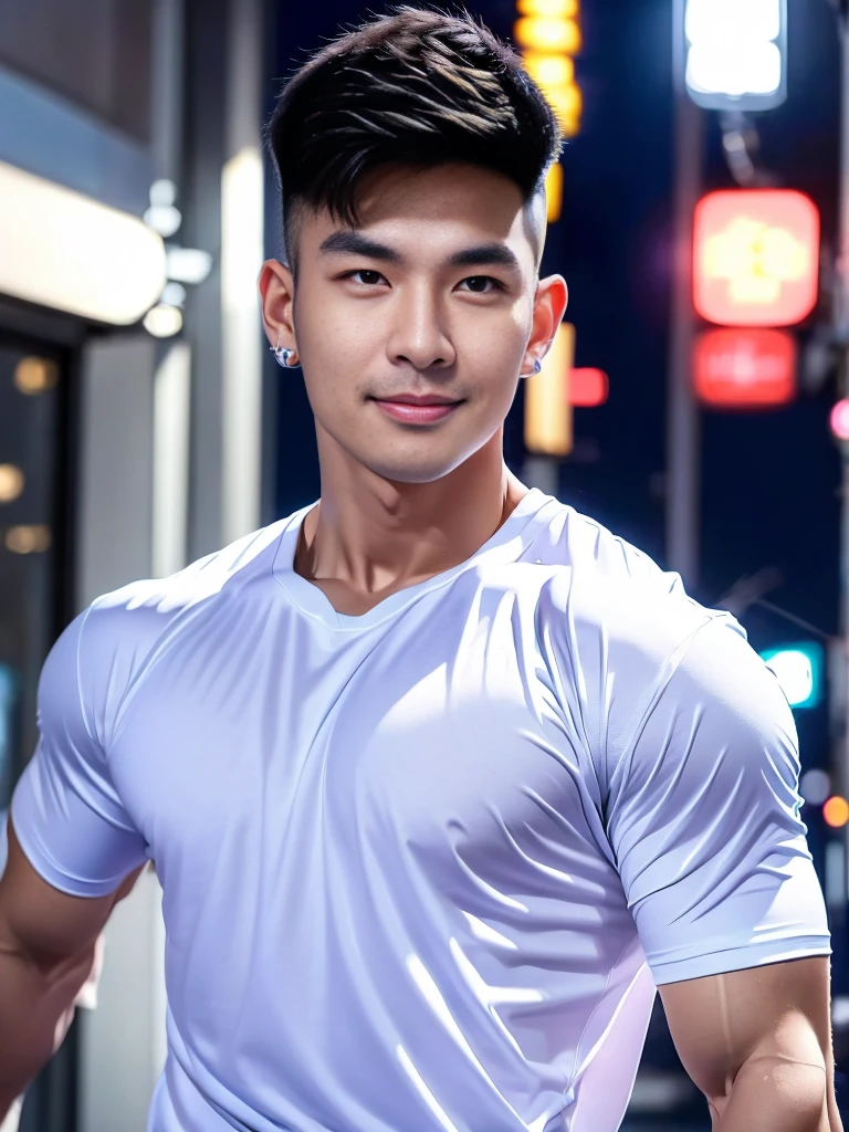 korea male male model, big muscles, handsome, cool, smoothly combed hair, pierced ears, wearing a t-shirt navy top, holding a lollipop, portraiture, modeling, dynamic pose, Japanese street, late at night, store lights trade, full half body shot, smile open mouth